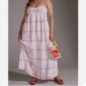 Maeve for Anthropologie Pink and White Linen Back Tie Dress